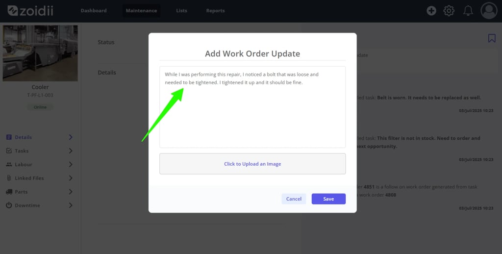 Zoidii Help Article: Add repair notes and images to work orders
